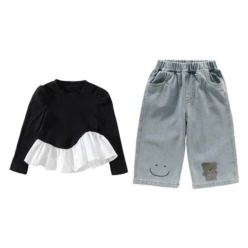 Sét áo dài tay phối bèo quần bò xuông hình gấu bé gái