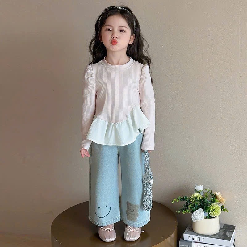 Sét áo dài tay phối bèo quần bò xuông hình gấu bé gái