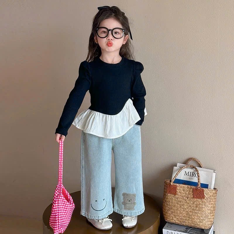 Sét áo dài tay phối bèo quần bò xuông hình gấu bé gái