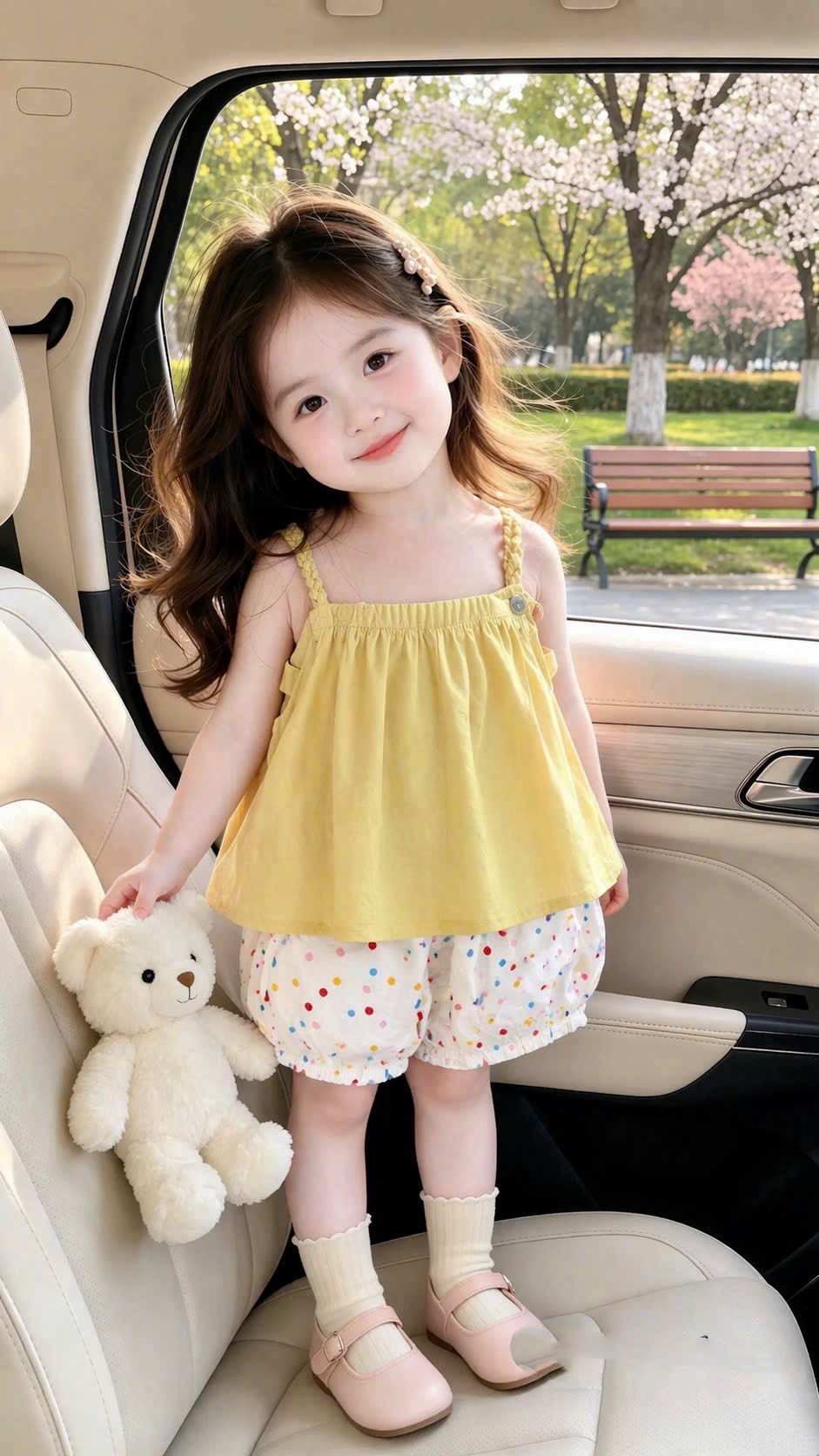 Sét áo đũi 2 dây vàng quần lỡ chấm bi bé gái