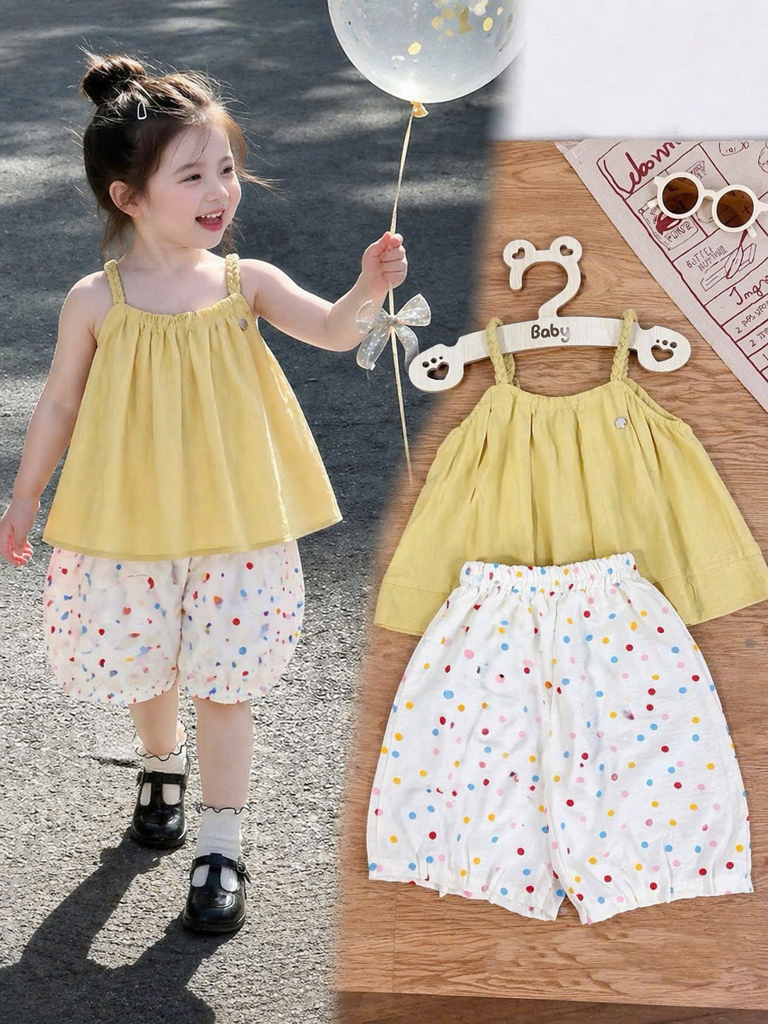 Sét áo đũi 2 dây vàng quần lỡ chấm bi bé gái