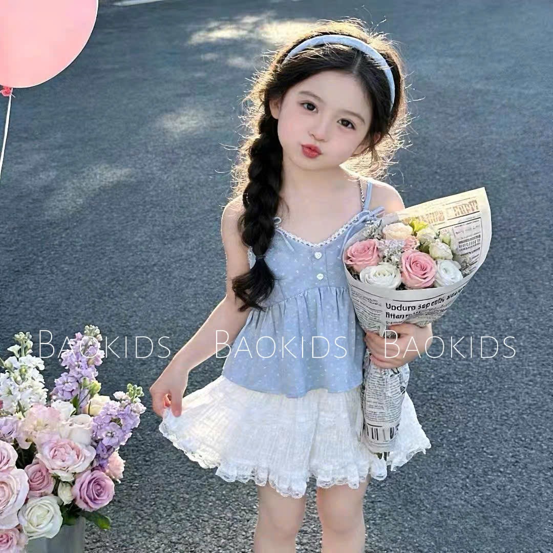 Sét áo đũi xanh 2 dây cv kem bé gái