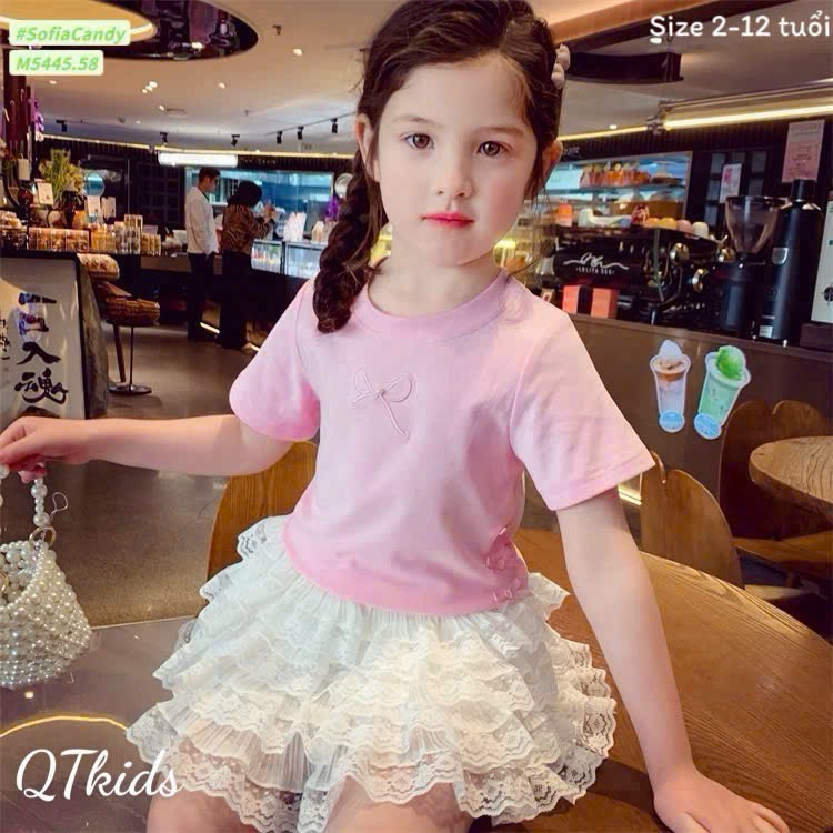 Sét áo hồng cv tầng trắng bé gái