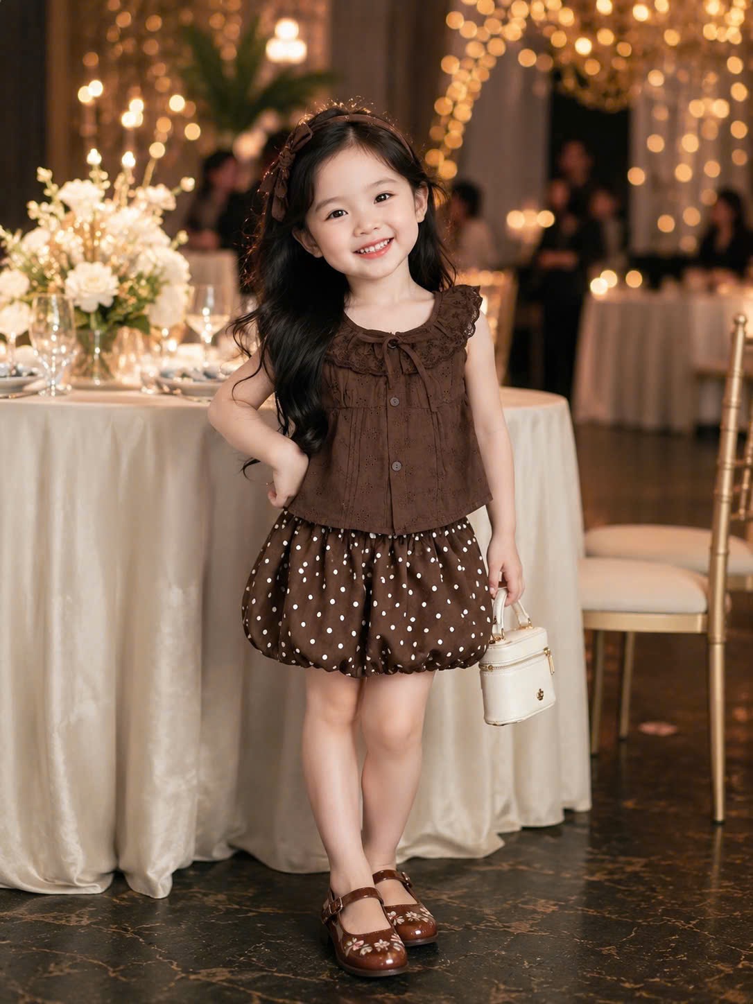 Sét áo nâu jum lưng quần bồng bi bé gái