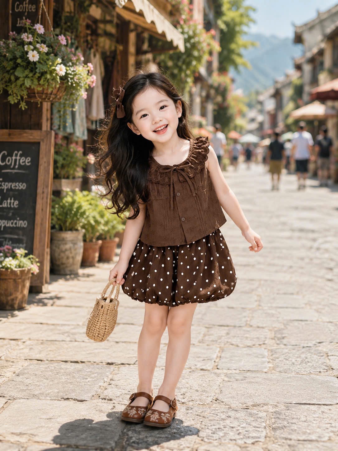 Sét áo nâu jum lưng quần bồng bi bé gái