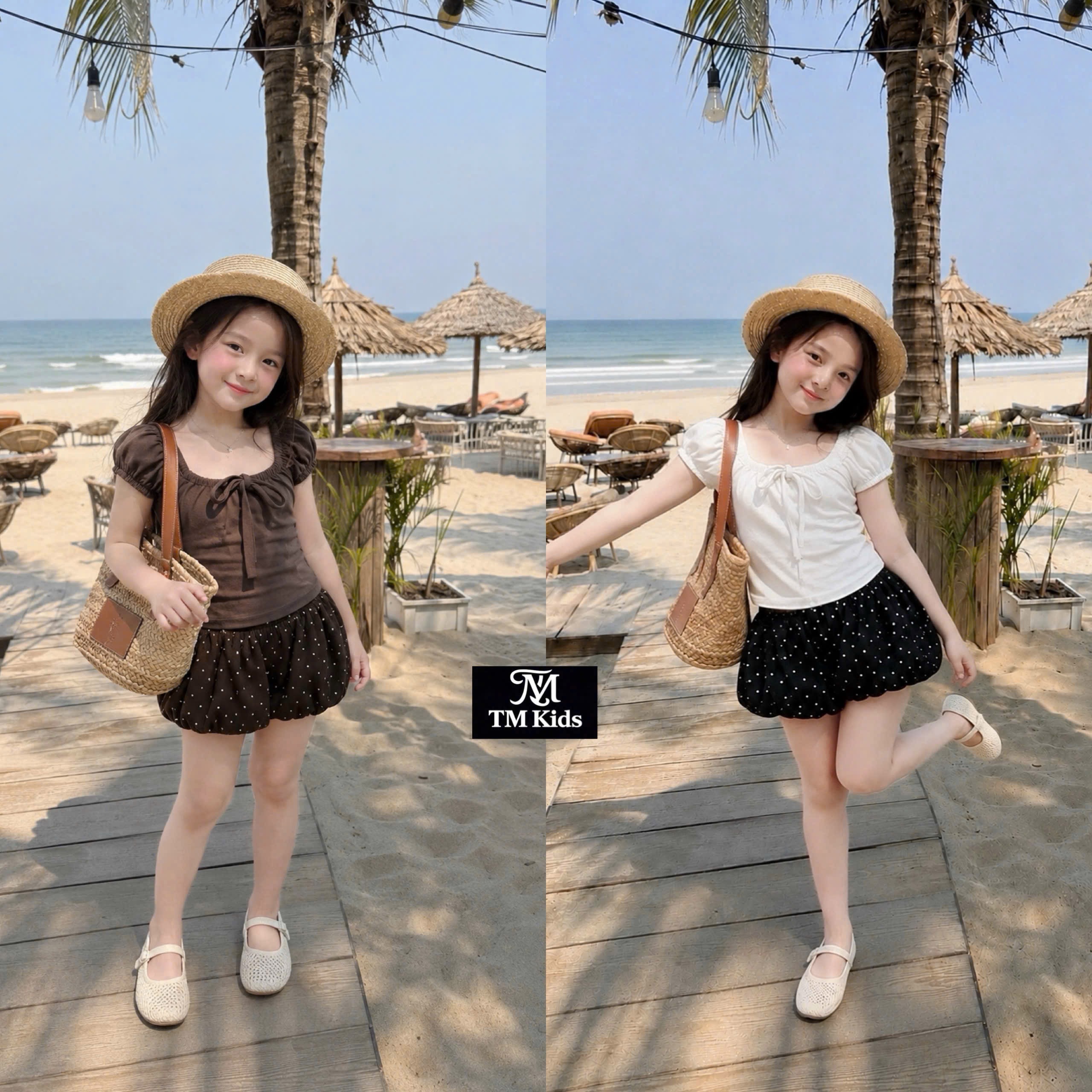 Sét áo ren phôia cotton quần bồng bi bé gái