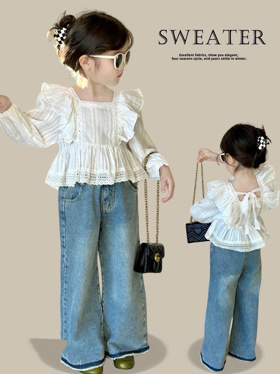 Sét áo ren trắng babydoll quần xuông dài bé gái