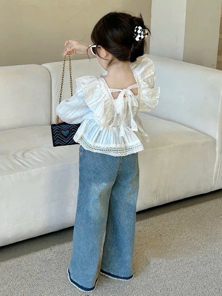 Sét áo ren trắng babydoll quần xuông dài bé gái