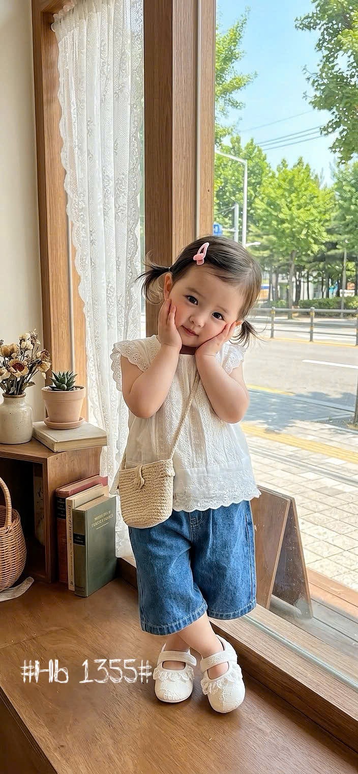 Sét áo ren trắng quần bò ống lỡ bé gái