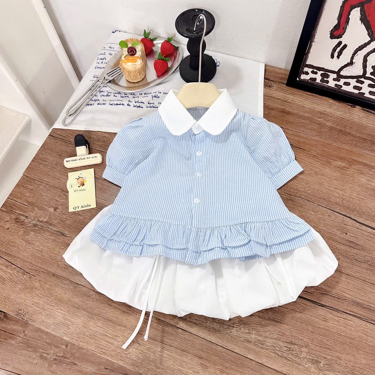 Sét áo sơ mi sọc thân bèo cv bồng qt bé gái