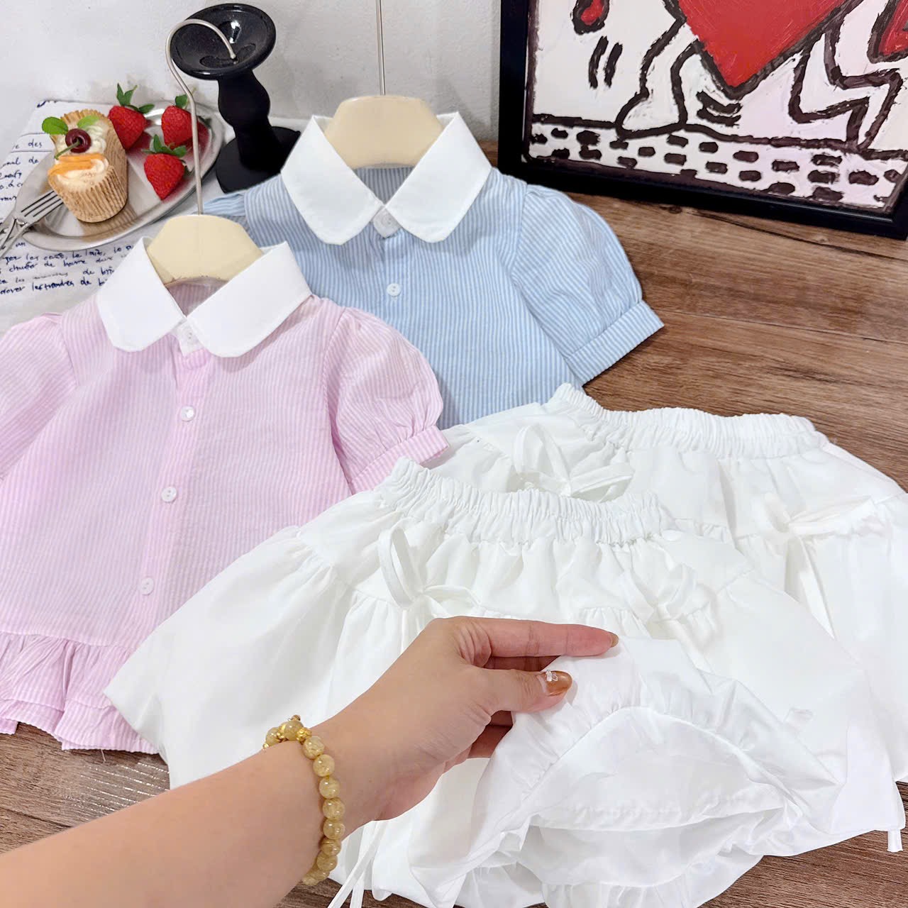 Sét áo sơ mi sọc thân bèo cv bồng qt bé gái