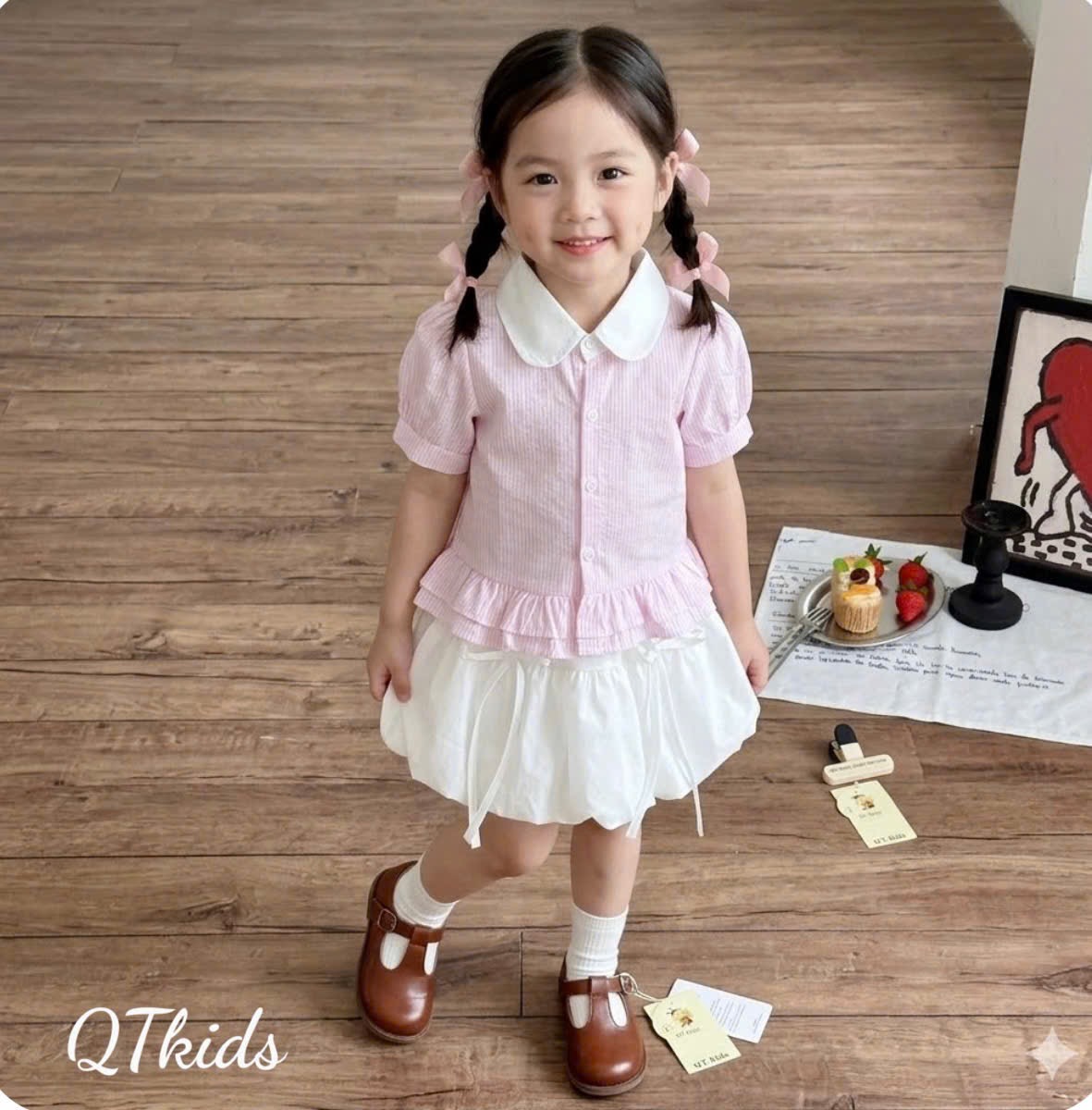 Sét áo sơ mi sọc thân bèo cv bồng qt bé gái