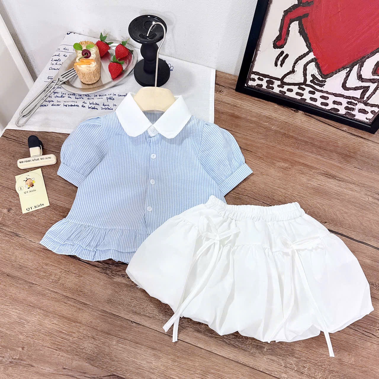 Sét áo sơ mi sọc thân bèo cv bồng qt bé gái