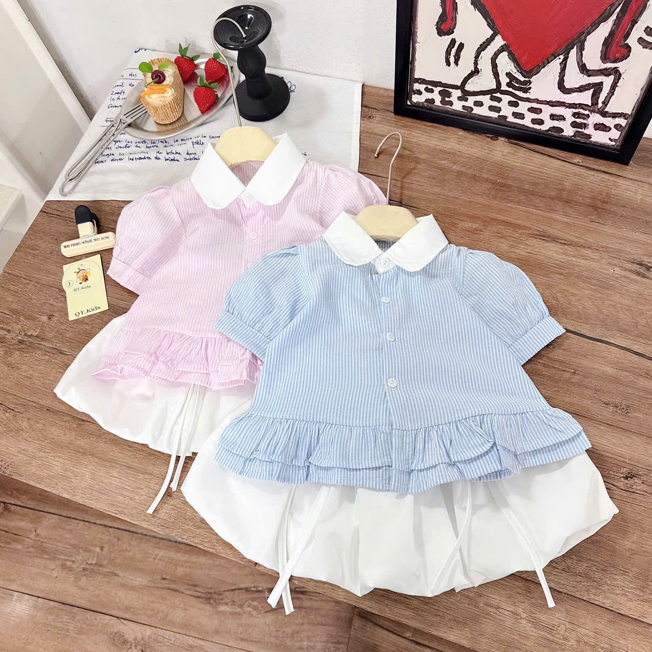 Sét áo sơ mi sọc thân bèo cv bồng qt bé gái