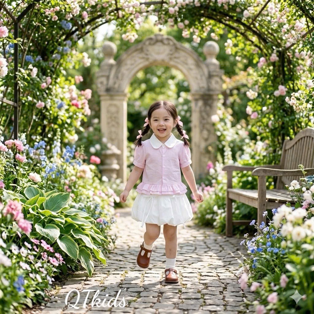 Sét áo sơ mi sọc thân bèo cv bồng qt bé gái