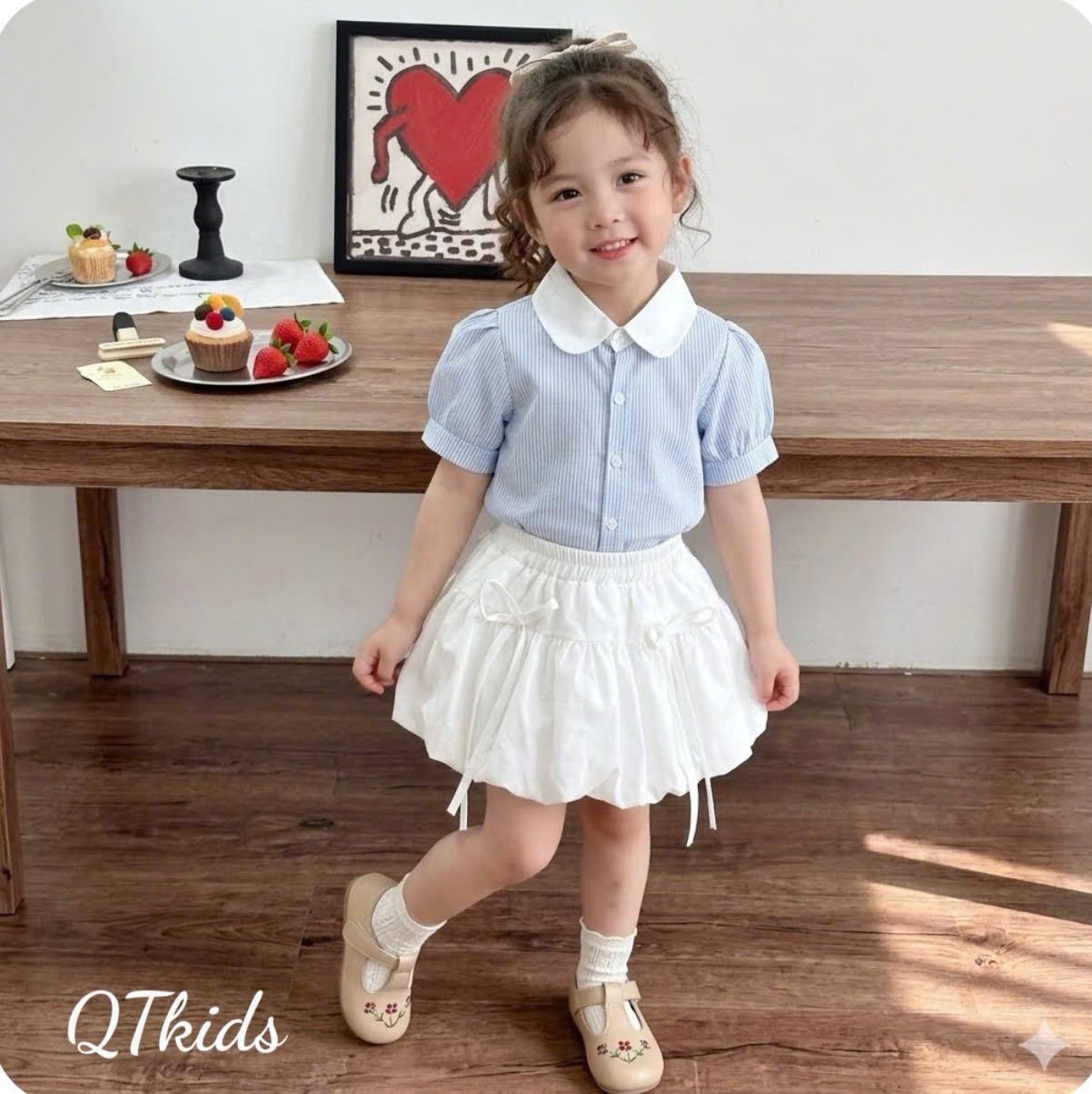 Sét áo sơ mi sọc thân bèo cv bồng qt bé gái