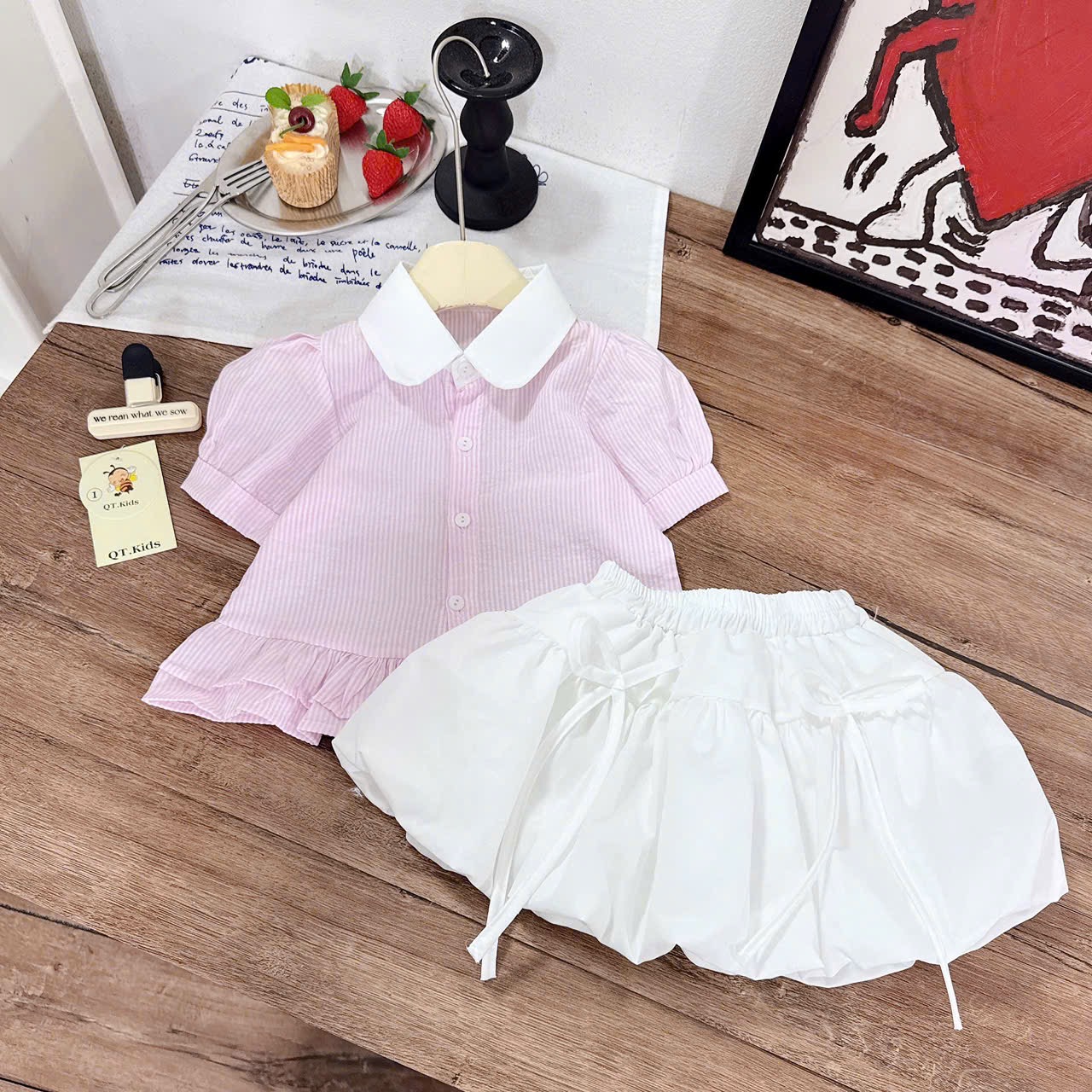 Sét áo sơ mi sọc thân bèo cv bồng qt bé gái
