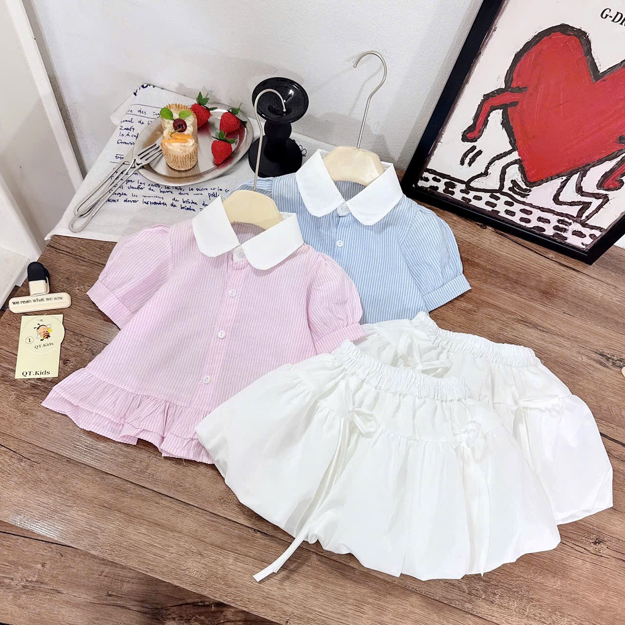 Sét áo sơ mi sọc thân bèo cv bồng qt bé gái