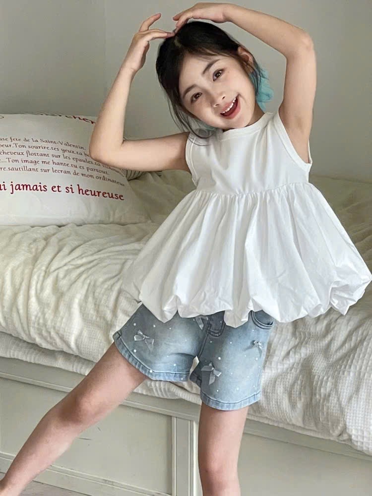 Sét áo trắng bồng quần sooc bò bé gái