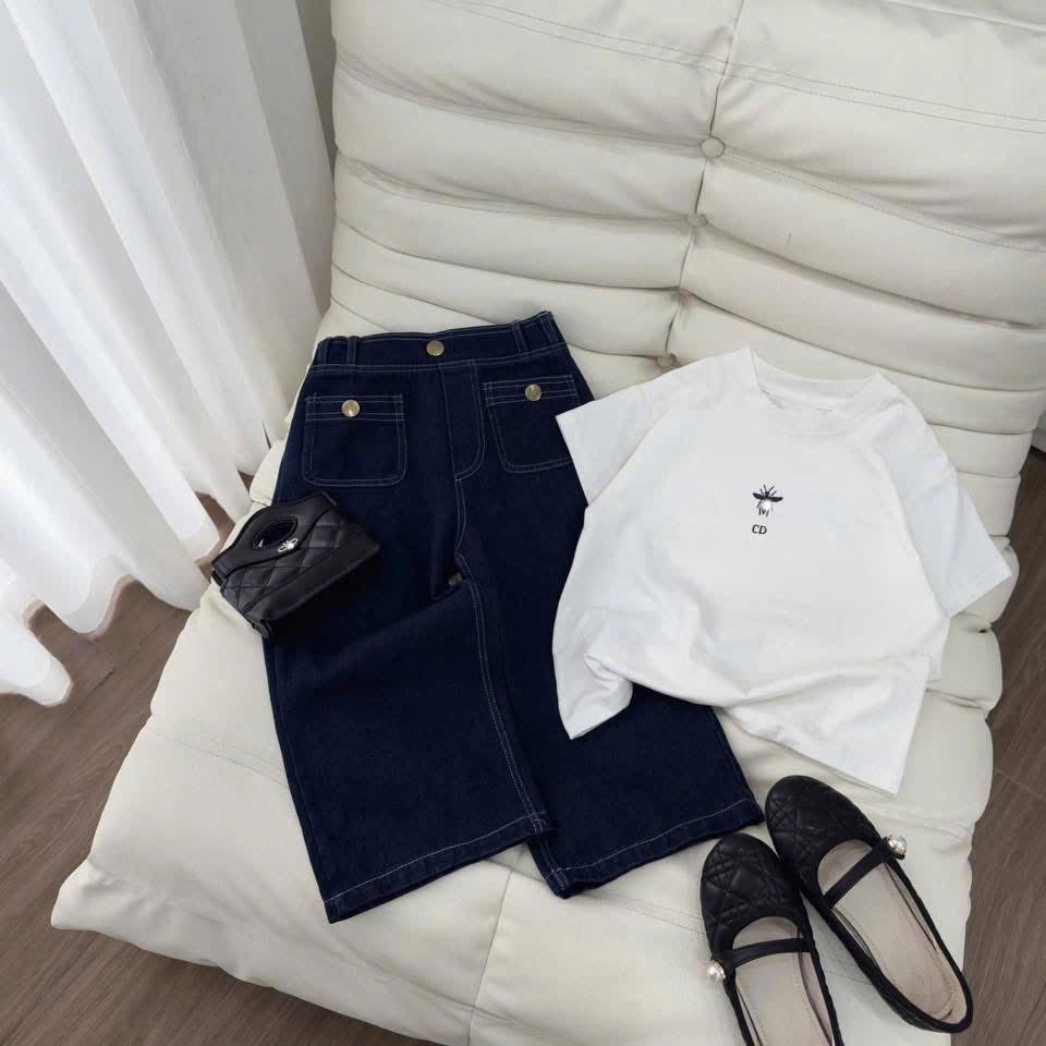 Sét áo trắng cd quần bò xuông dài bé gái