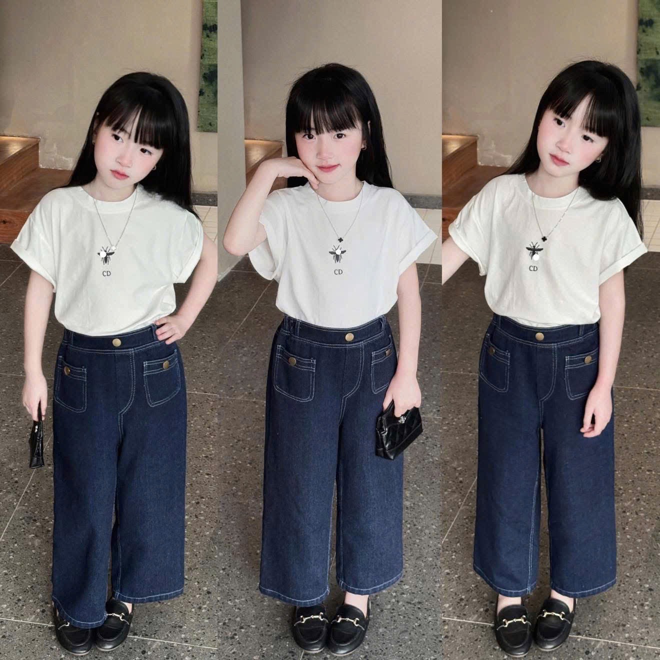 Sét áo trắng cd quần bò xuông dài bé gái