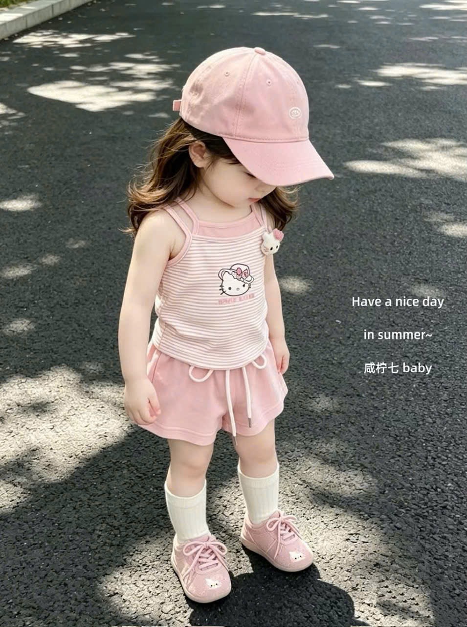 Sét bộ 2 dây kitty kẻ quần sooc hồng bé gái