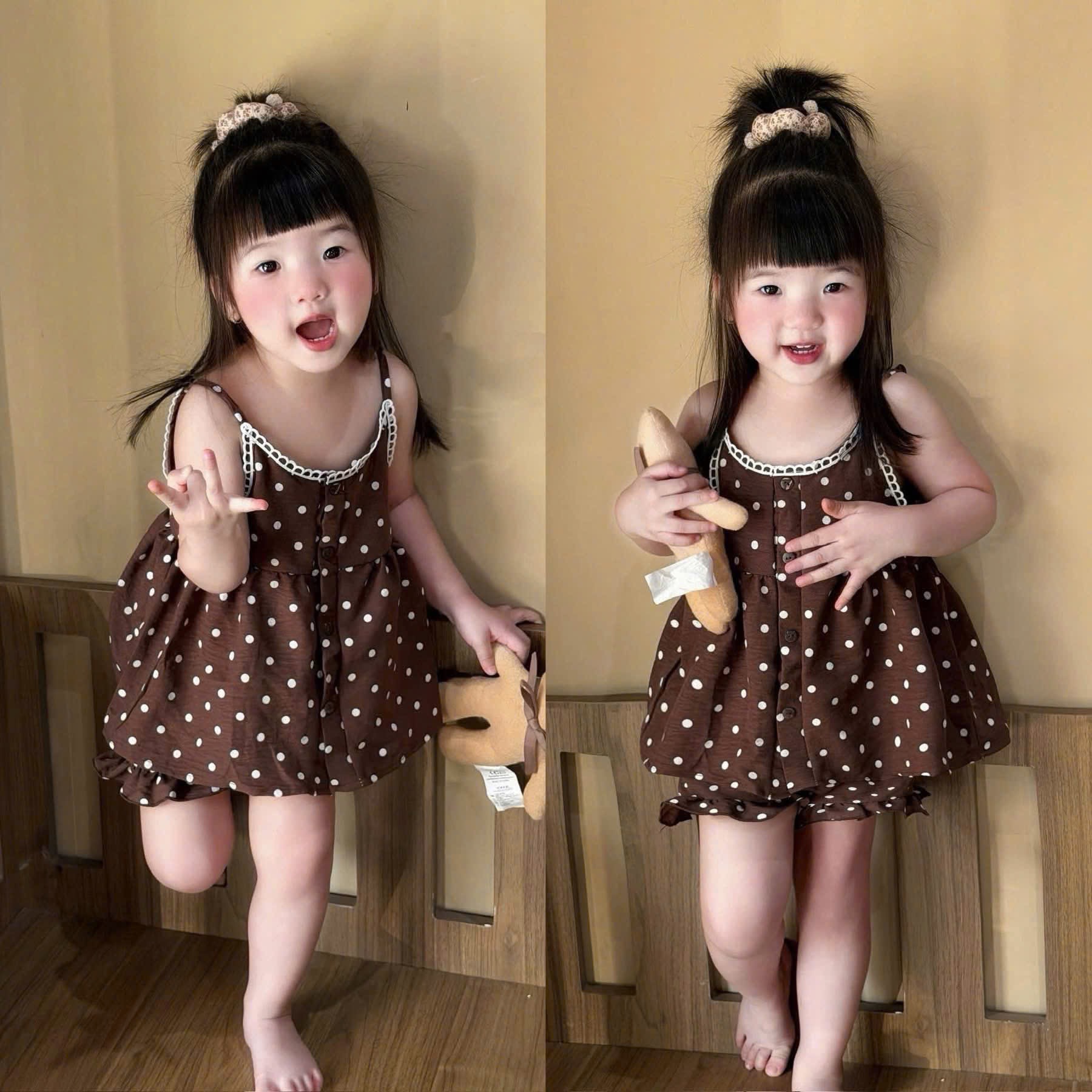 Sét bộ 2 dây nâu kem quần bèo bé gái
