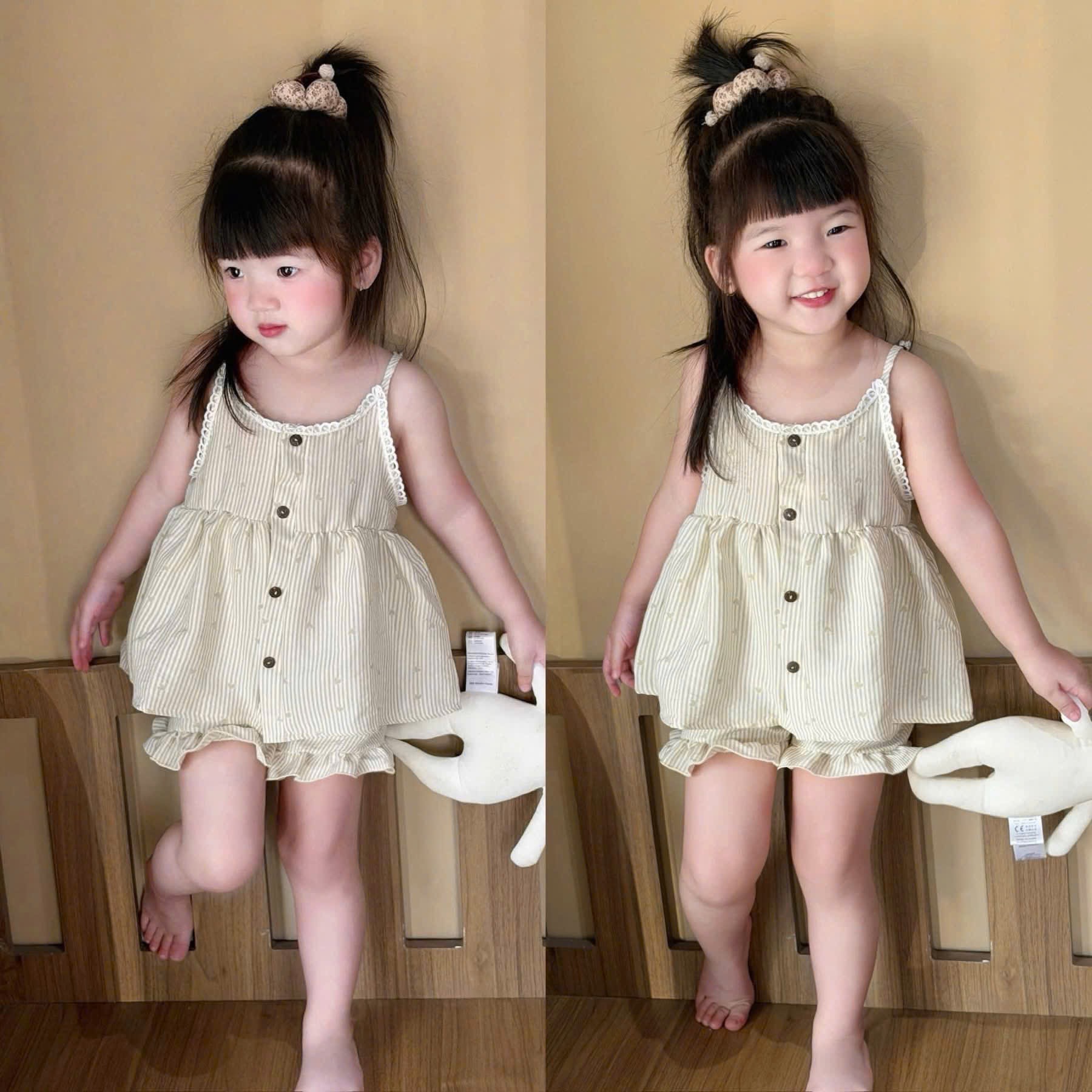 Sét bộ 2 dây nâu kem quần bèo bé gái