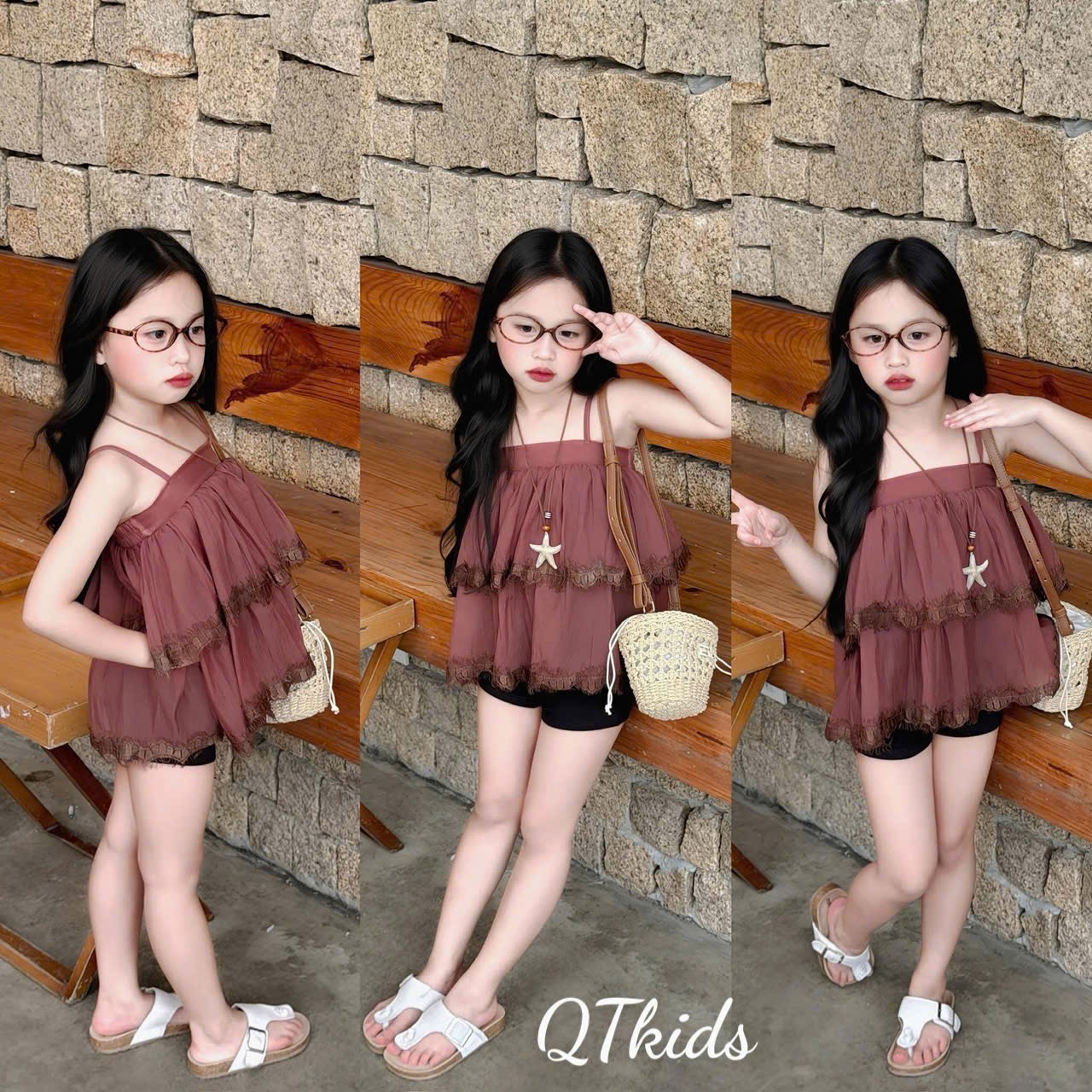 Sét bộ 2 dây tầng nâu hồng quần socc bé gái