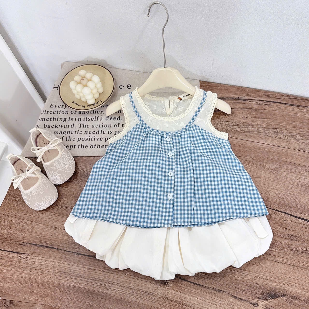 Sét bộ áo caro phối ren cv bí bé gái