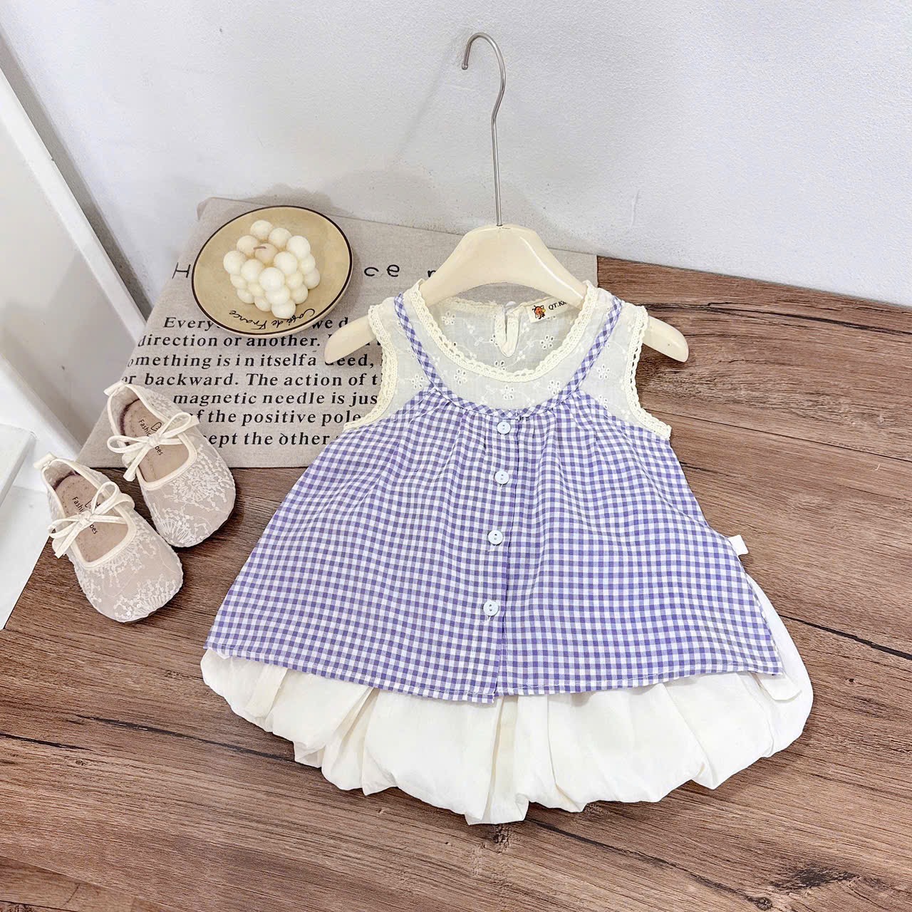 Sét bộ áo caro phối ren cv bí bé gái