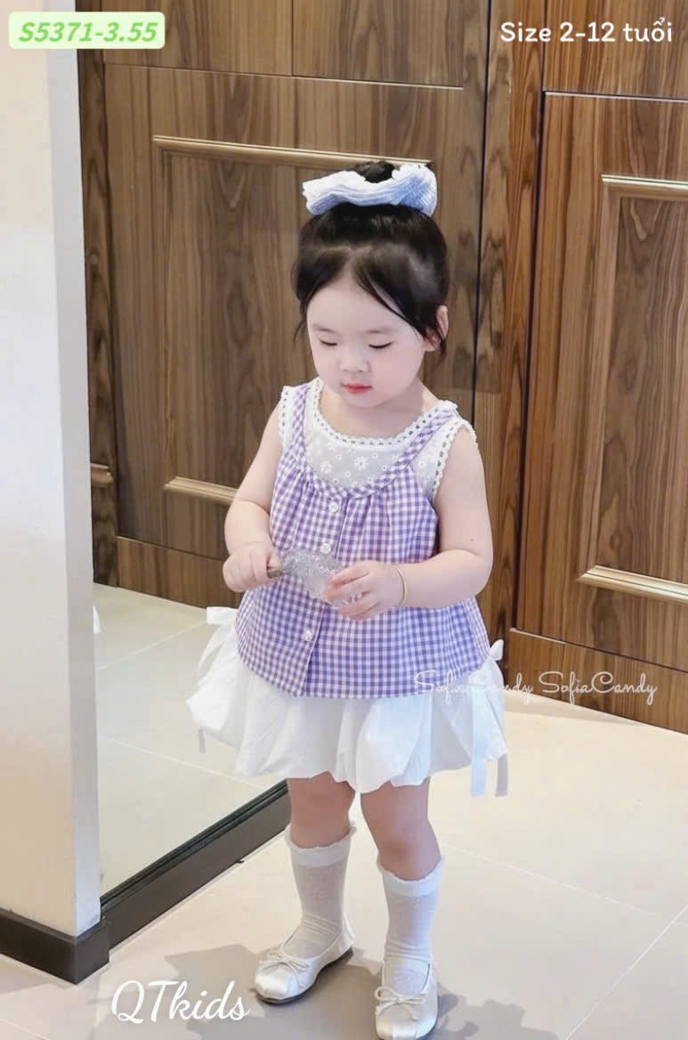 Sét bộ áo caro phối ren cv bí bé gái