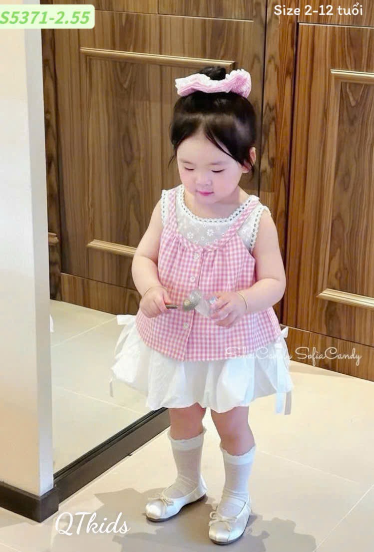 Sét bộ áo caro phối ren cv bí bé gái