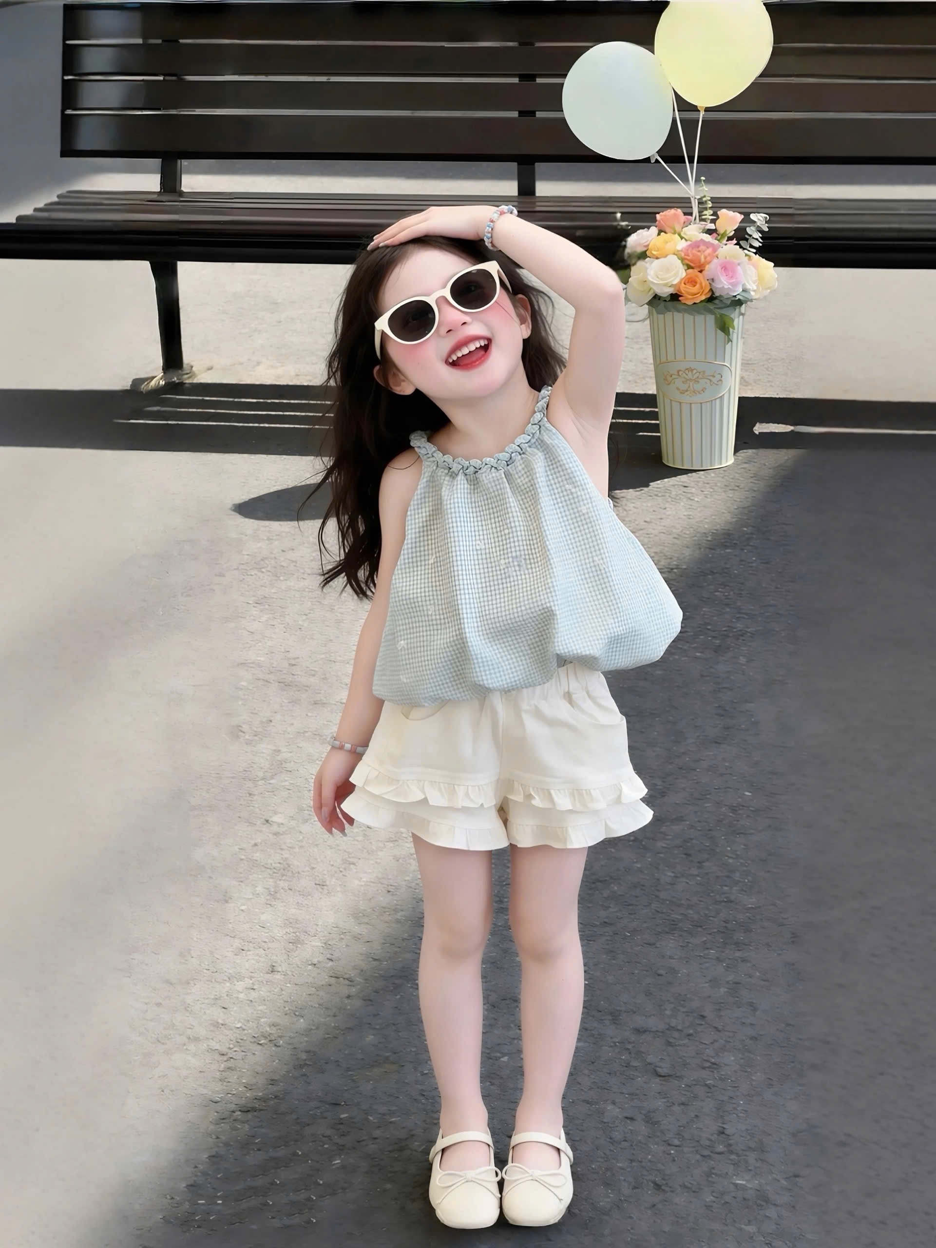 Sét bộ áo cổ tròn thân bồng quần thô trắng bé gái