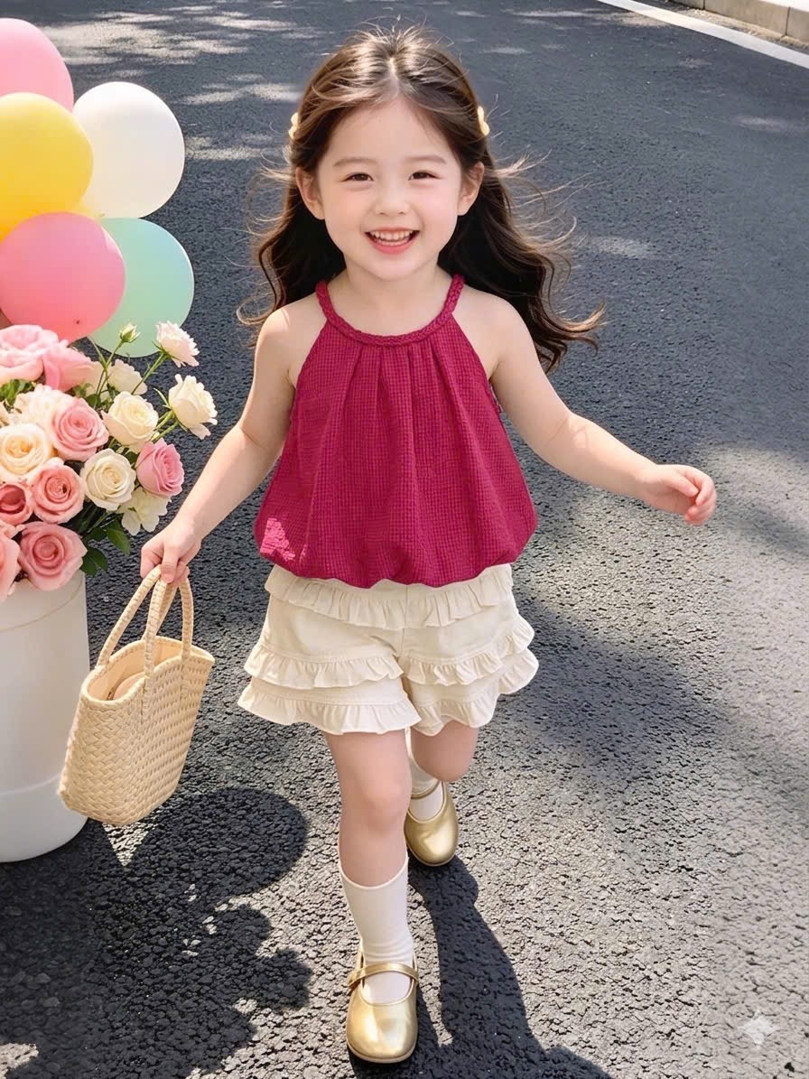Sét bộ áo cổ tròn thân bồng quần thô trắng bé gái