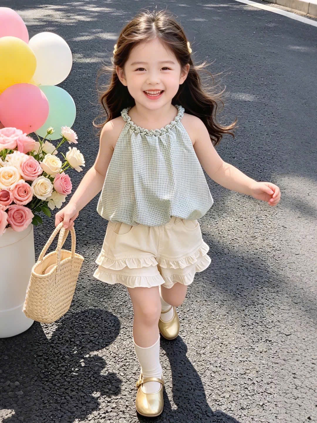 Sét bộ áo cổ tròn thân bồng quần thô trắng bé gái