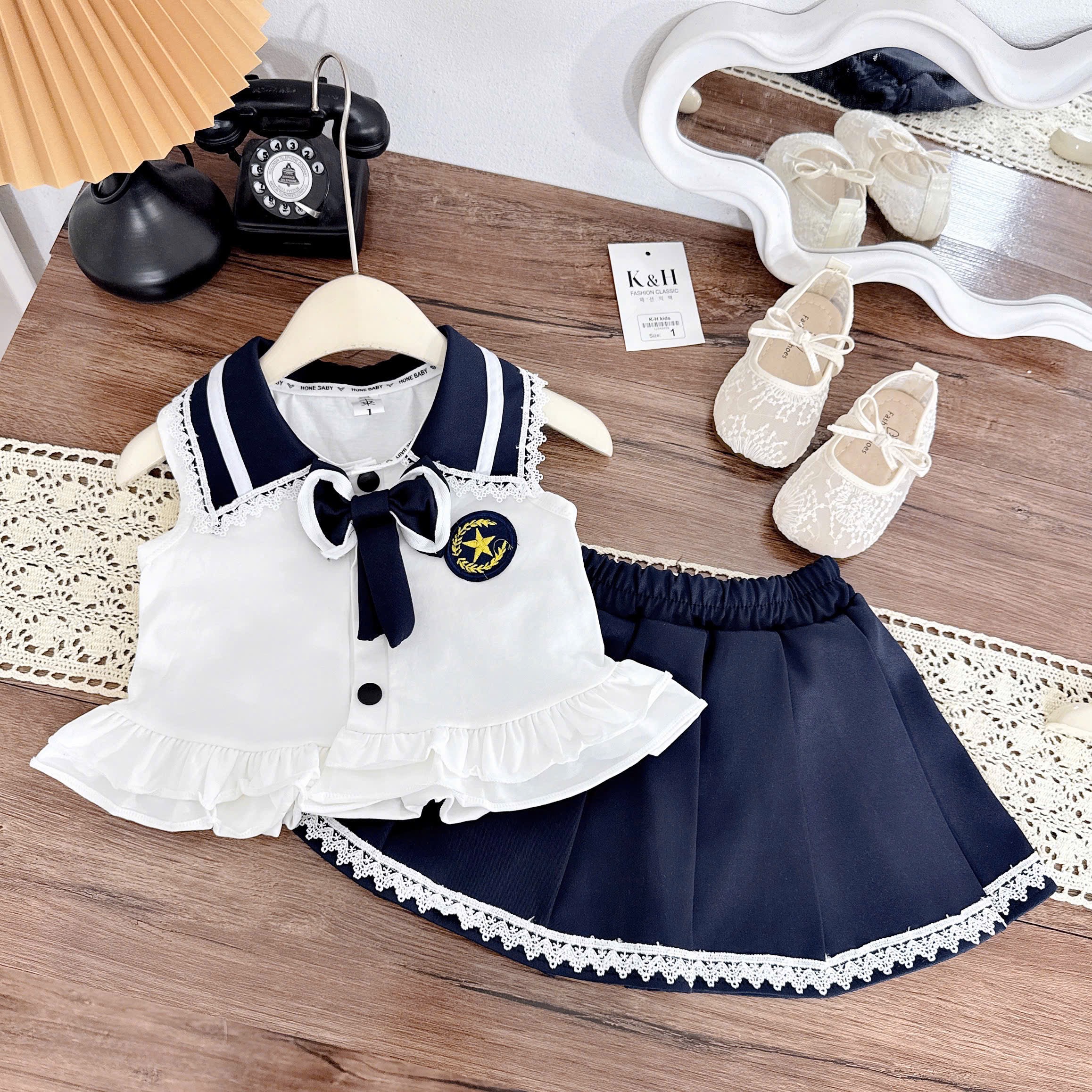 Sét bộ áo cotton cv dập ly cổ nơ hs bé gái