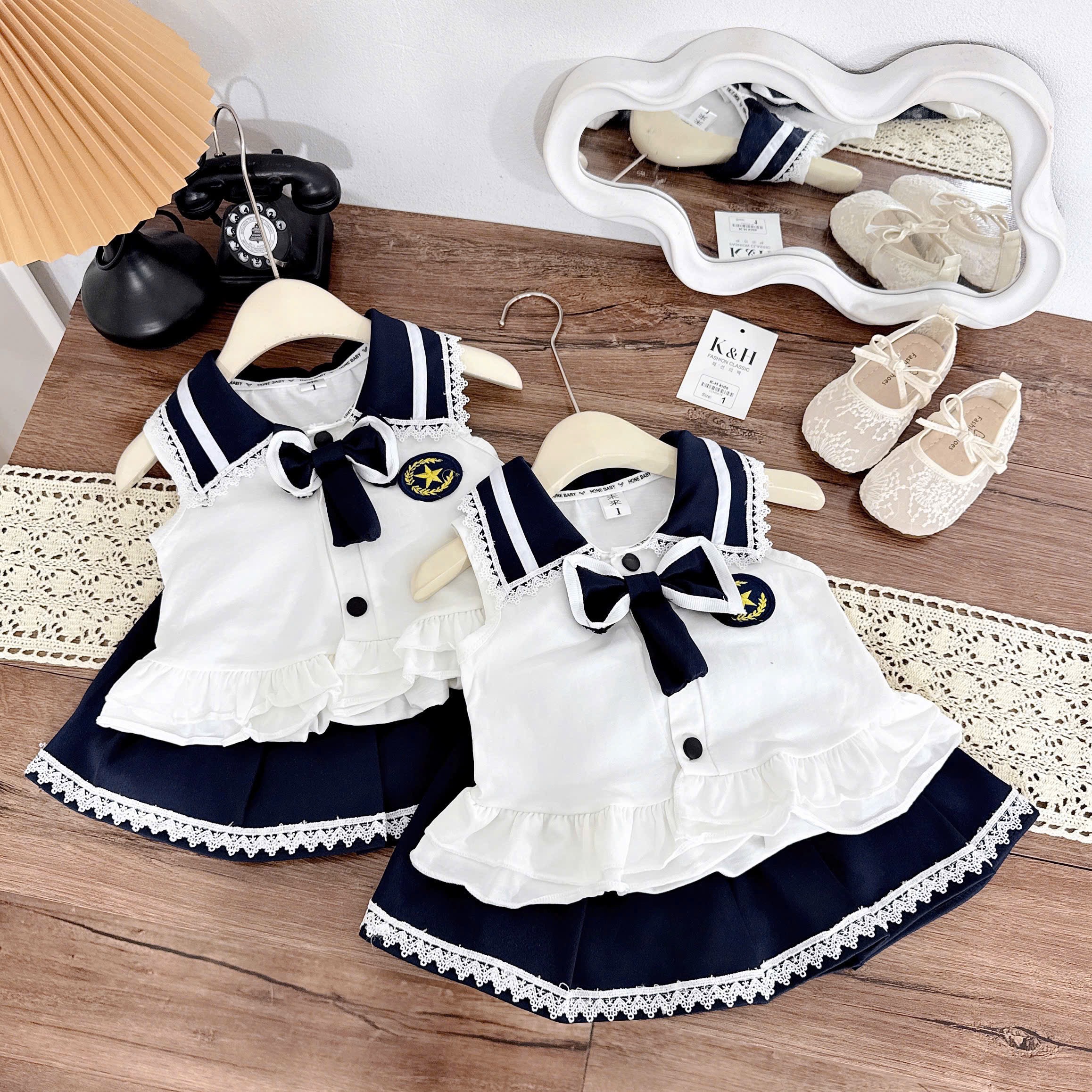 Sét bộ áo cotton cv dập ly cổ nơ hs bé gái