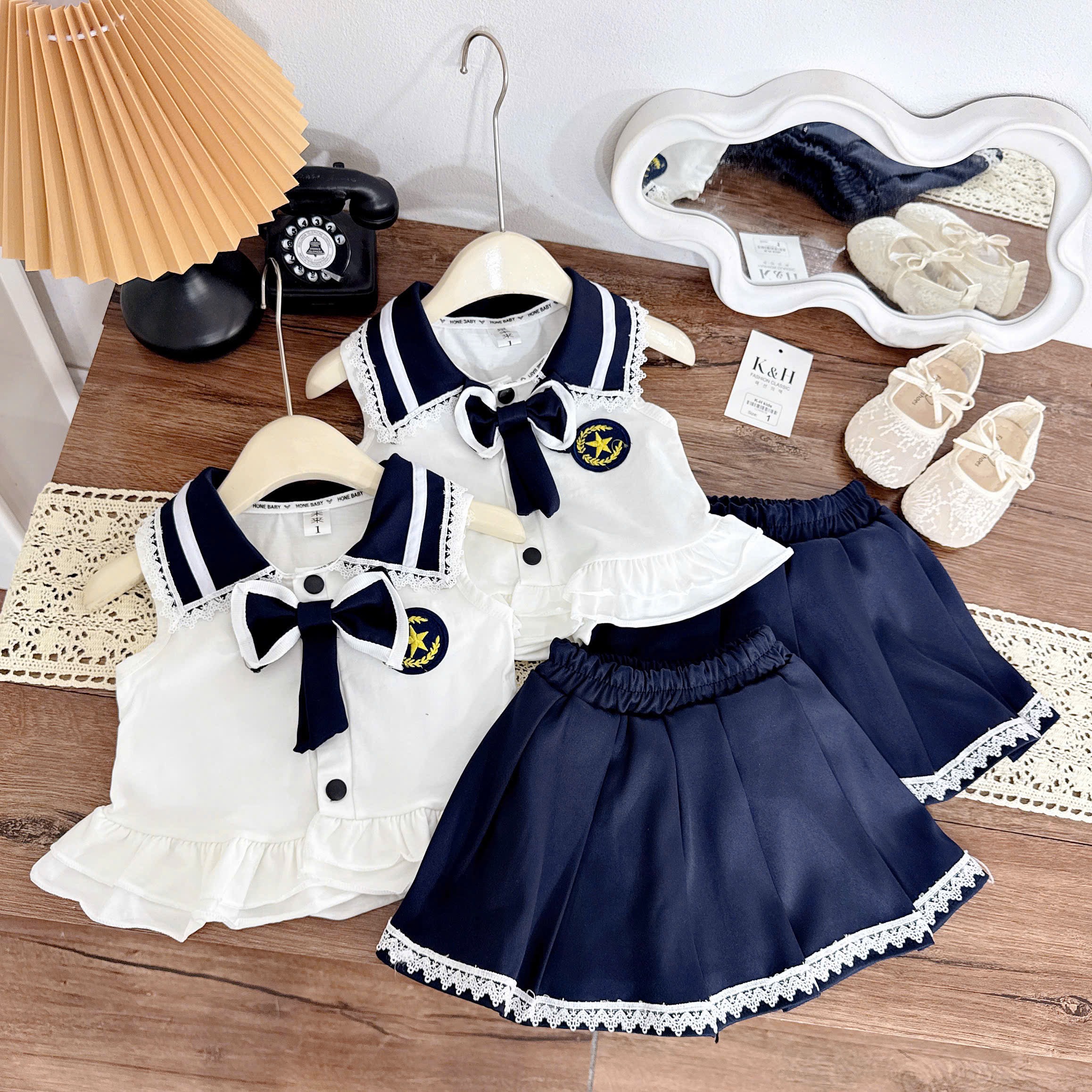 Sét bộ áo cotton cv dập ly cổ nơ hs bé gái