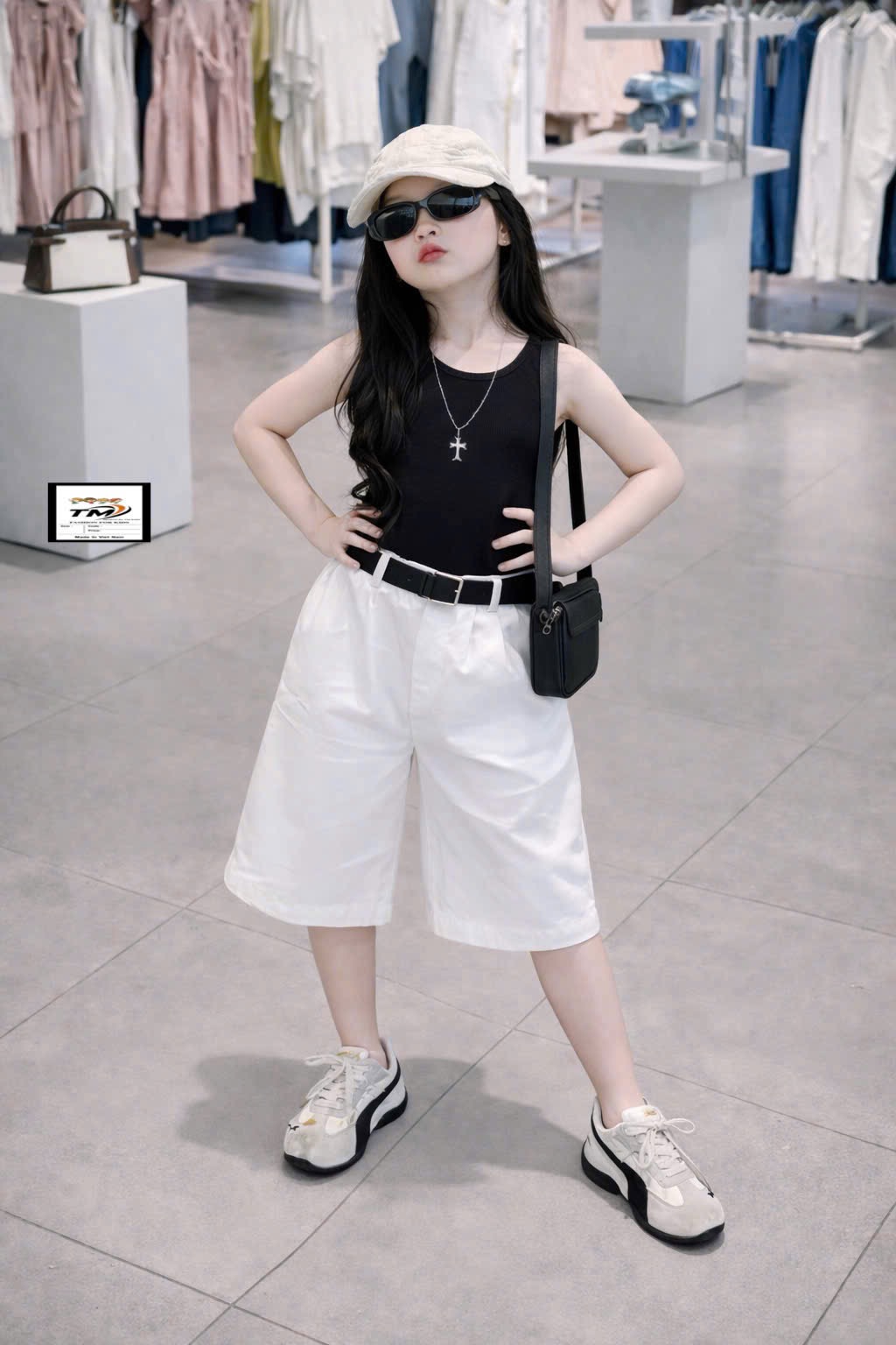 Sét bộ áo đen quần thô lửng bé gái kèm đai