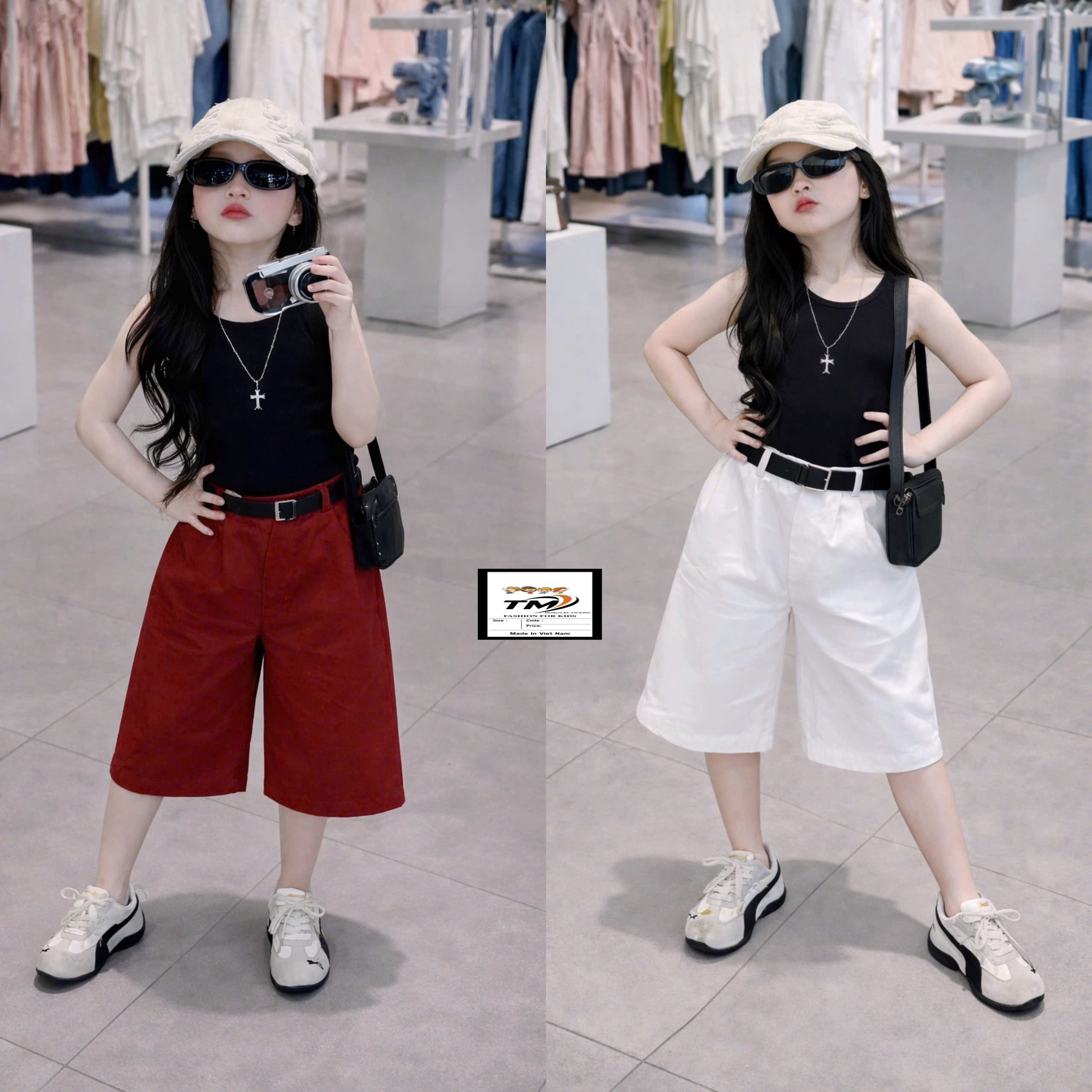 Sét bộ áo đen quần thô lửng bé gái kèm đai