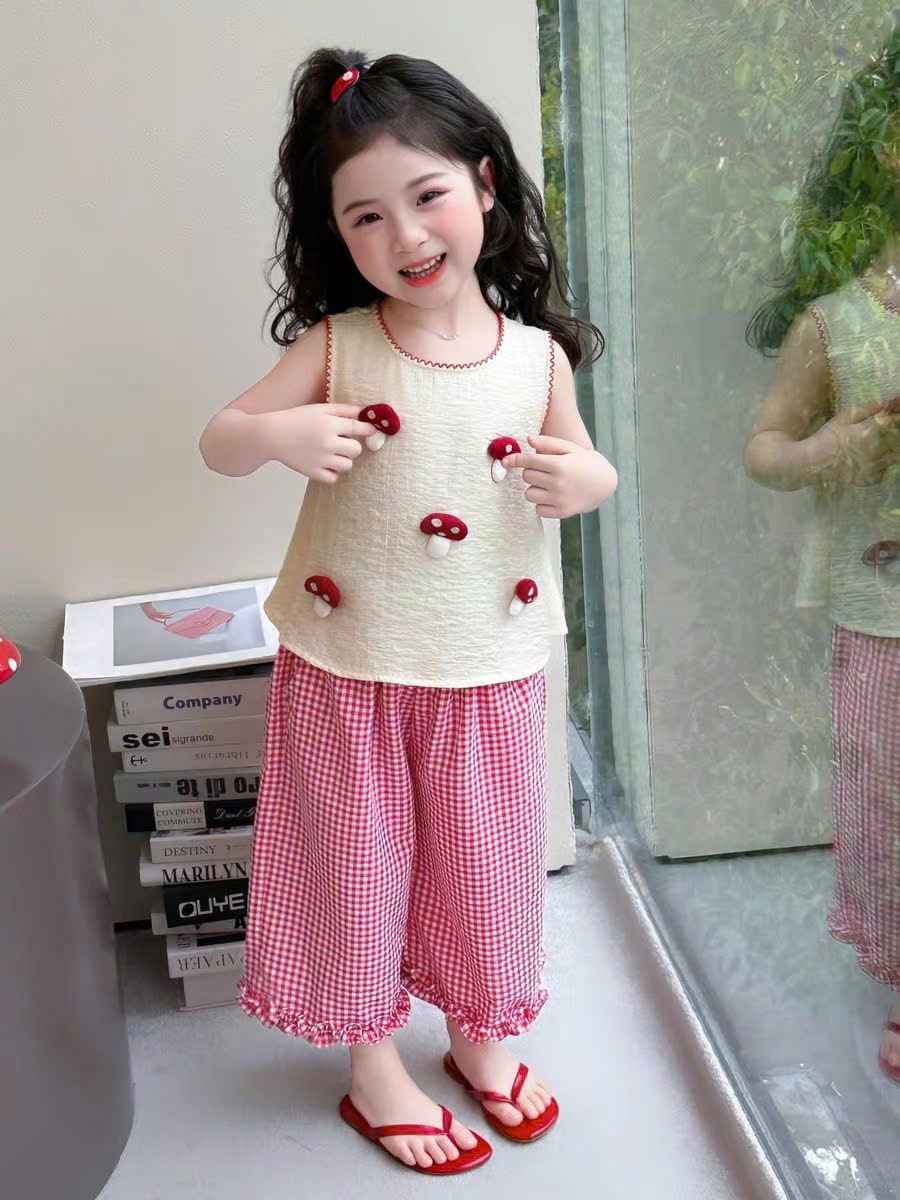 Sét bộ áo đũi cây nấm kem quần caro bé gái