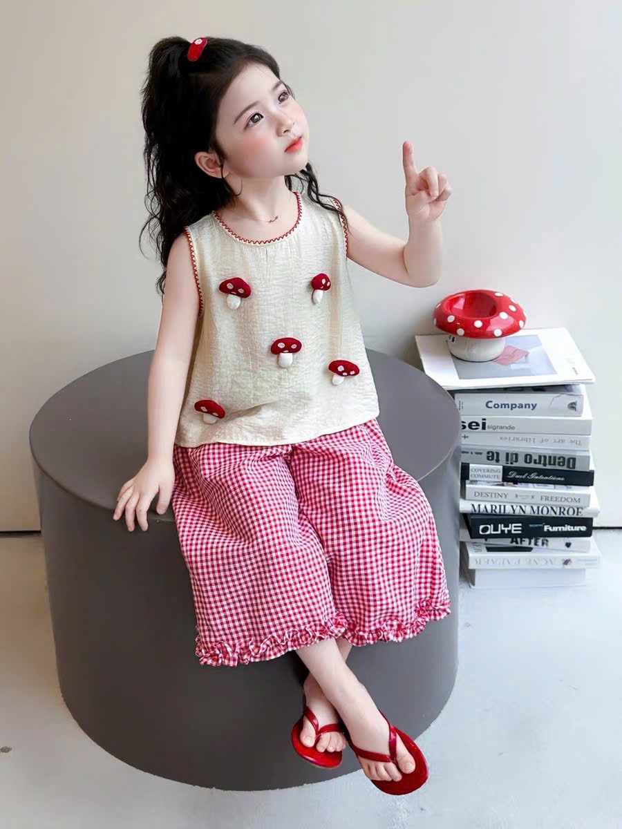 Sét bộ áo đũi cây nấm kem quần caro bé gái