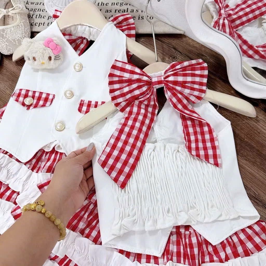 Sét bộ áo gile cv tầng phối kẻ caro bé gái