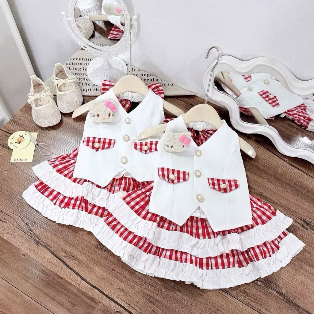 Sét bộ áo gile cv tầng phối kẻ caro bé gái