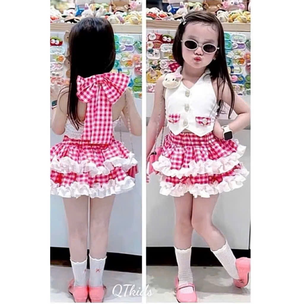 Sét bộ áo gile cv tầng phối kẻ caro bé gái