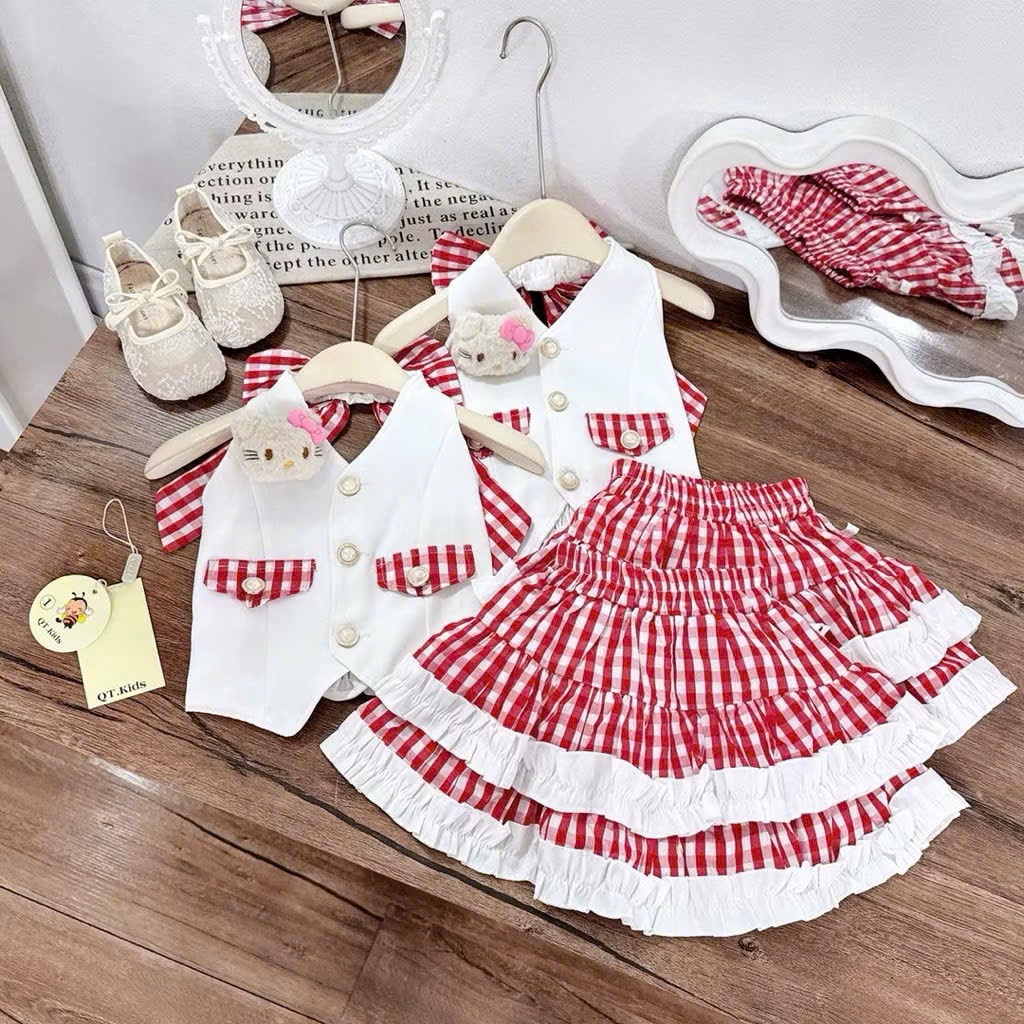 Sét bộ áo gile cv tầng phối kẻ caro bé gái