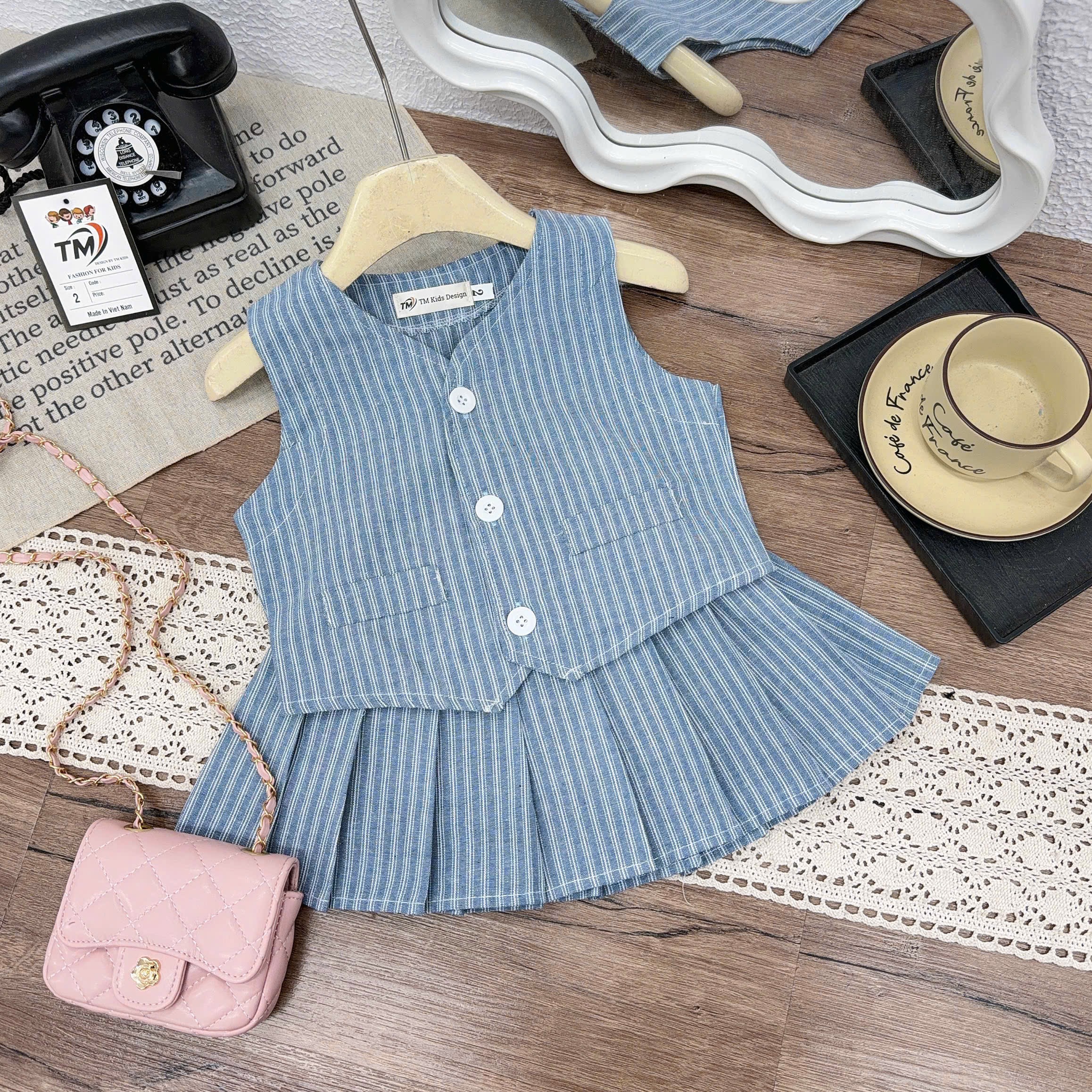 Sét bộ áo gile kẻ cv dập ly tm