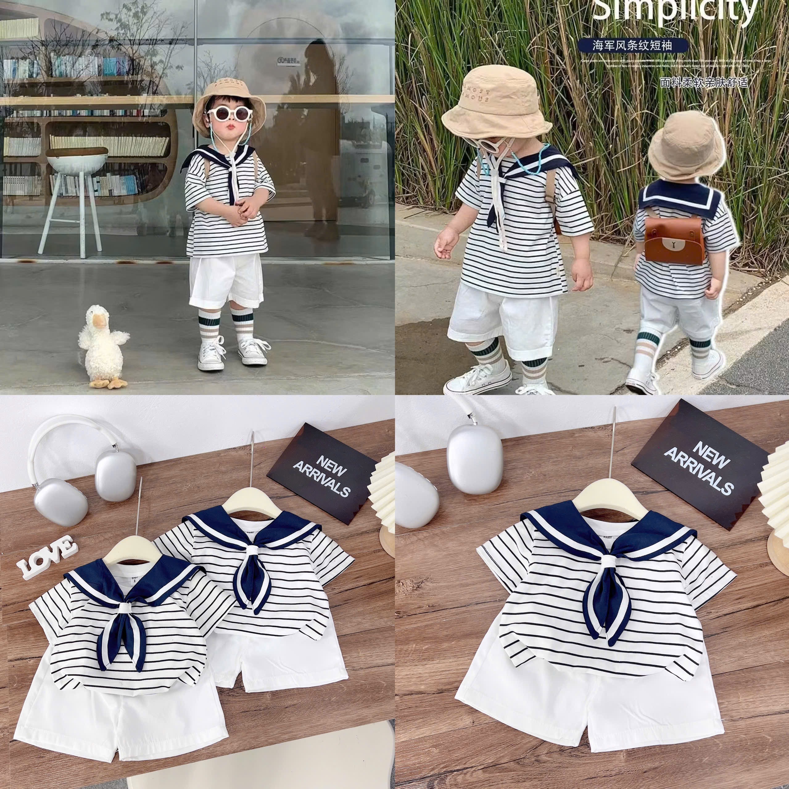Sét bộ áo hải quân kẻ ngang quần soocs trắng bé trai