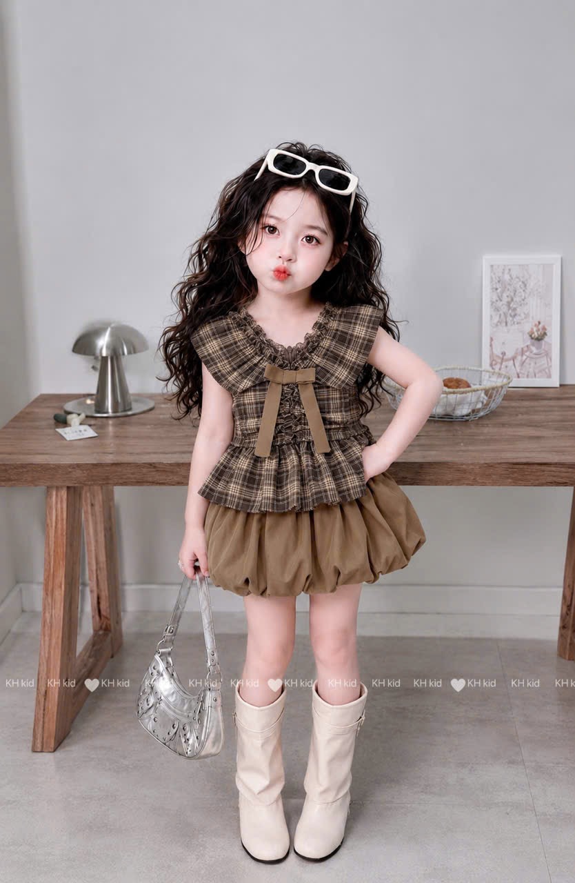 Sét bộ áo kẻ cổ tim quần bồng nâu kh bé gái